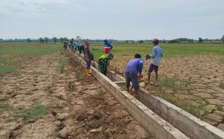 Keakraban Babinsa Bersama Masyarakat Gotong Royong Bersihkan Saluran Irigasi