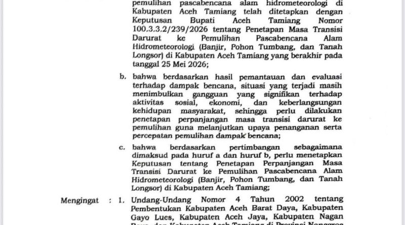 Pemkab Aceh Tamiang Perpanjang Masa Transisi Darurat ke Pemulihan, Fokus Percepat Penanganan dan Pemulihan Warga